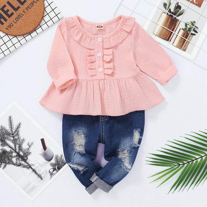 Toddler Baby Girl Outfits Ruffle Sleeve Linen Shirt Cute Ripped Jeans Kids Denim Pants Set Infant Baby Clothes Girl