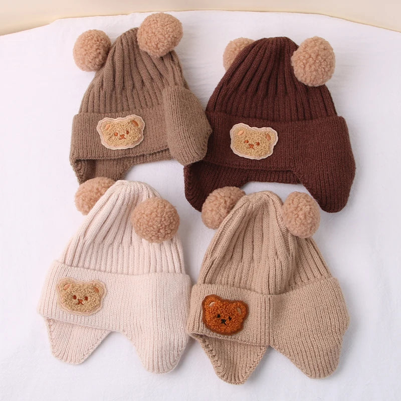 Winter Baby Beanie Cap Cartoon Bear Ear Protection Knitted Hat for Toddler Boys Girls Cute Korean Warm Kids Crochet Hats Gorras