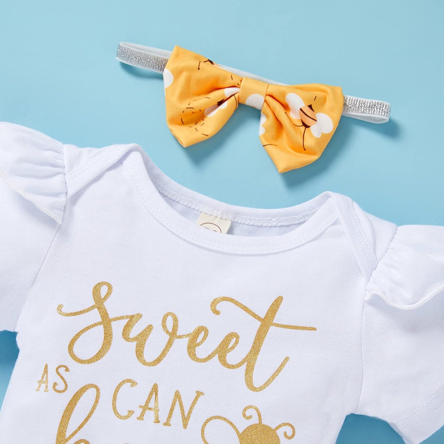 Infant Baby Girl Bumble Bee Clothes Letter Print Romper Honey Bees Pants Bowknot Headband Outfits Set