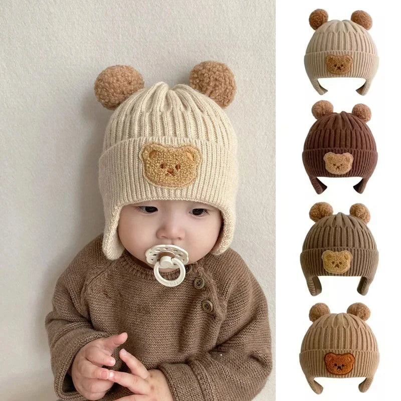 Winter Baby Beanie Cap Cartoon Bear Ear Protection Knitted Hat for Toddler Boys Girls Cute Korean Warm Kids Crochet Hats Gorras