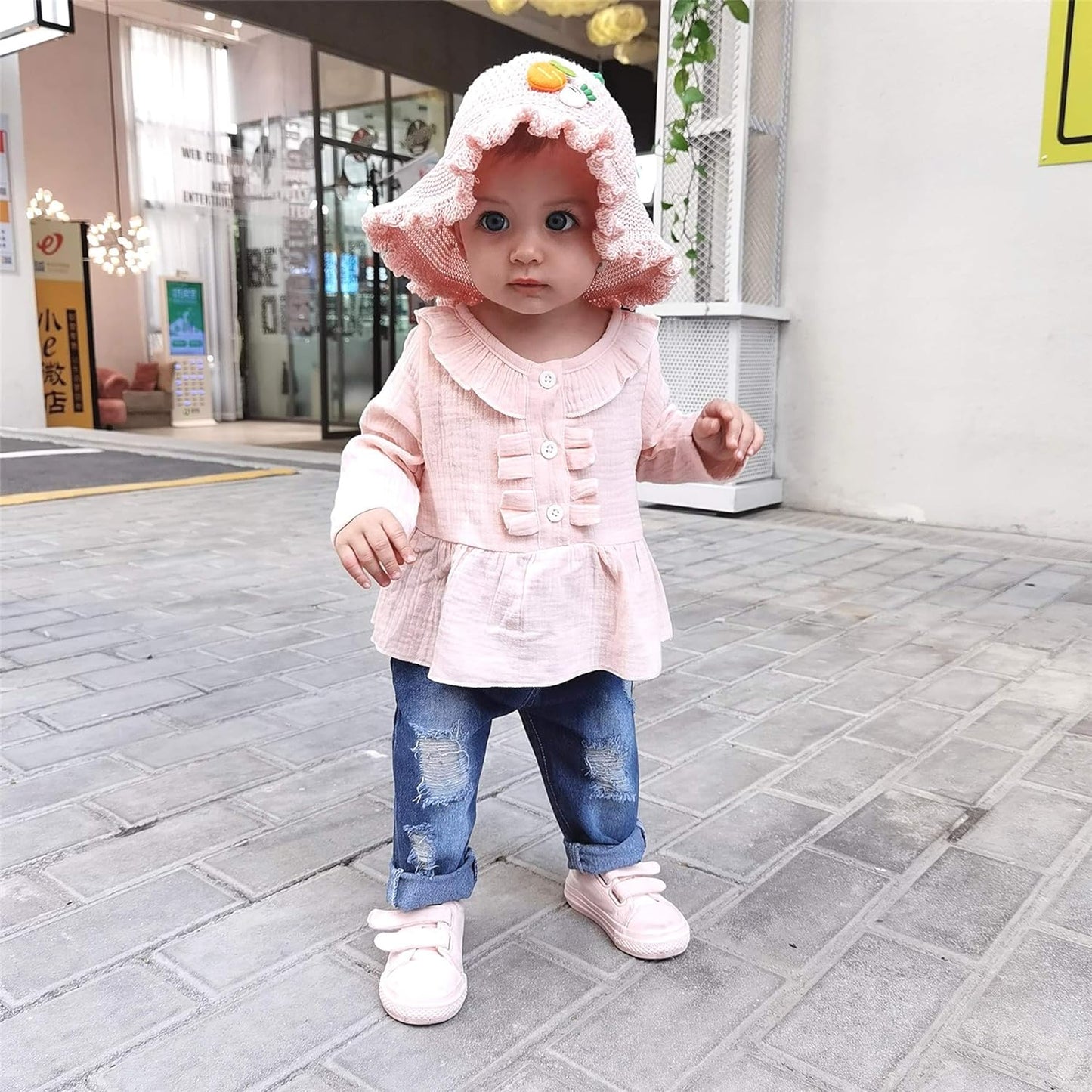 Toddler Baby Girl Outfits Ruffle Sleeve Linen Shirt Cute Ripped Jeans Kids Denim Pants Set Infant Baby Clothes Girl