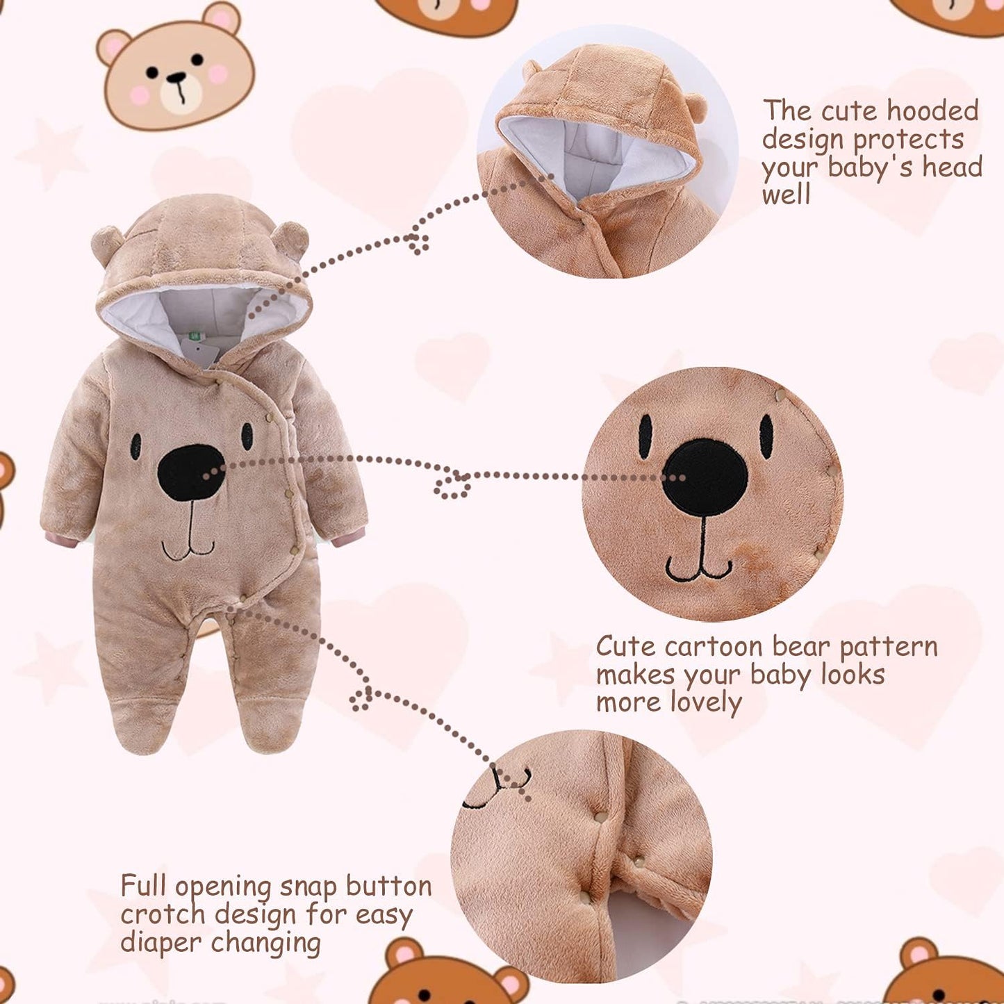 Newborn Baby Cartoon Bear Snowsuit Infant Jumpsuit Footie Romper Winter Coat Romper