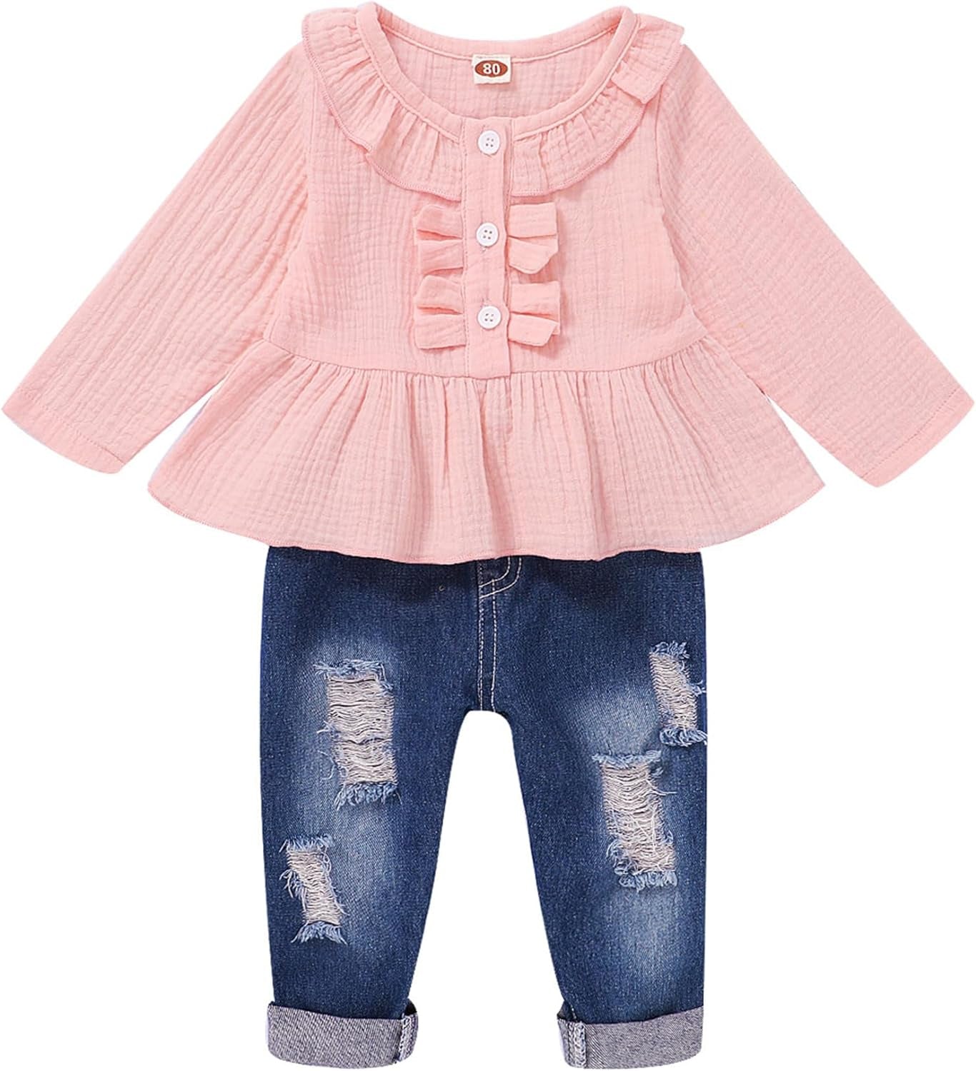 Toddler Baby Girl Outfits Ruffle Sleeve Linen Shirt Cute Ripped Jeans Kids Denim Pants Set Infant Baby Clothes Girl